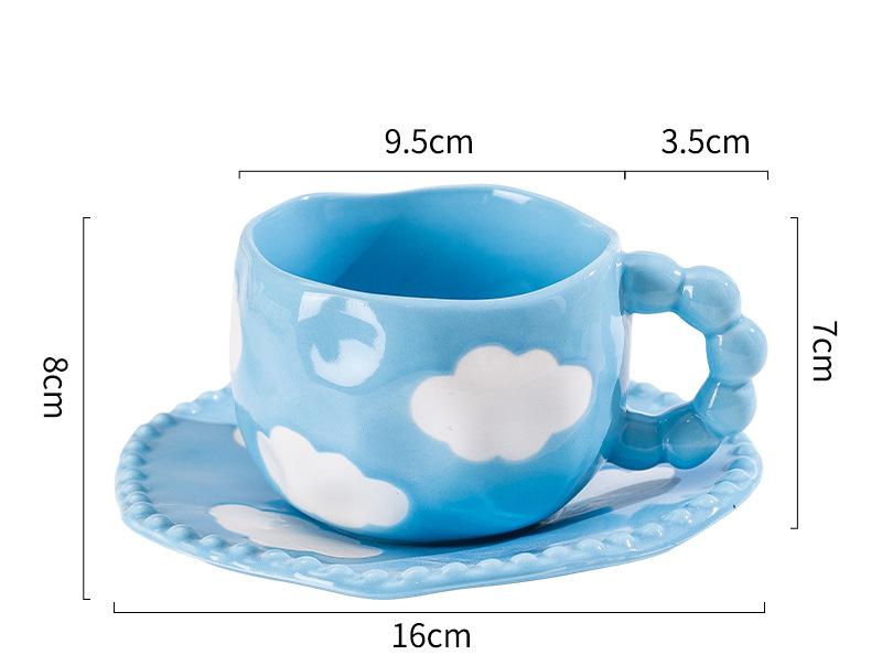 V888-ELOSUNG25553-202504281340-00 Hand-Painted Ceramic Coffee Mug and Saucer Set - Whimsical Afternoon Tea Cup with Spoon(Blue sky and white clouds) - Image 1