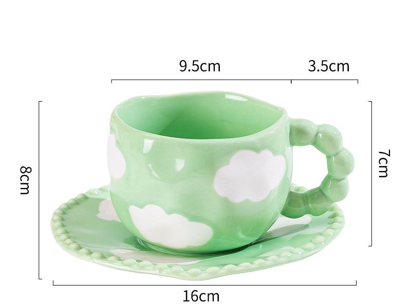 V888-ELOSUNG25554-202504281416-00 Hand-Painted Ceramic Coffee Mug and Saucer Set - Whimsical Afternoon Tea Cup with Spoon(White cloud-green) - Image 1