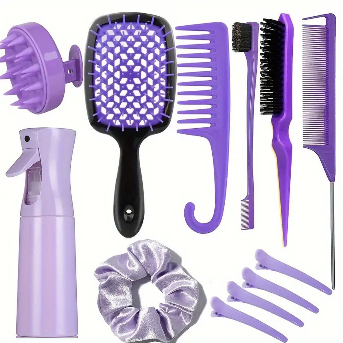 V888-ELOSUNG25627-202505061406-00 Complete Hair Styling Kit with Detangling Brushes, Combs, Spray Bottle, and Accessories(Purple) - Image 1