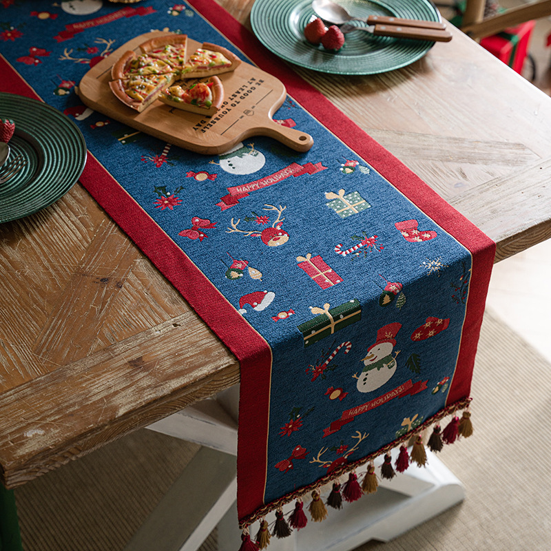 V888-ELOSUNG26146-202504171825-00 Blue Christmas Festive Table Runner - Blue with Snowman, Reindeer and Happy Holidays (35*220cm) - Image 1