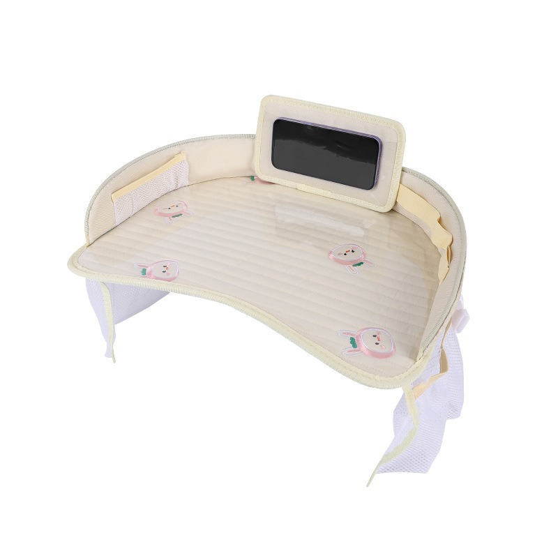 V888-ELOSUNG26231-202504211232-00 Kids Car Seat Travel Tray - Waterproof Lap Desk with Storage Pockets (Beige bunny - Round) - Image 1
