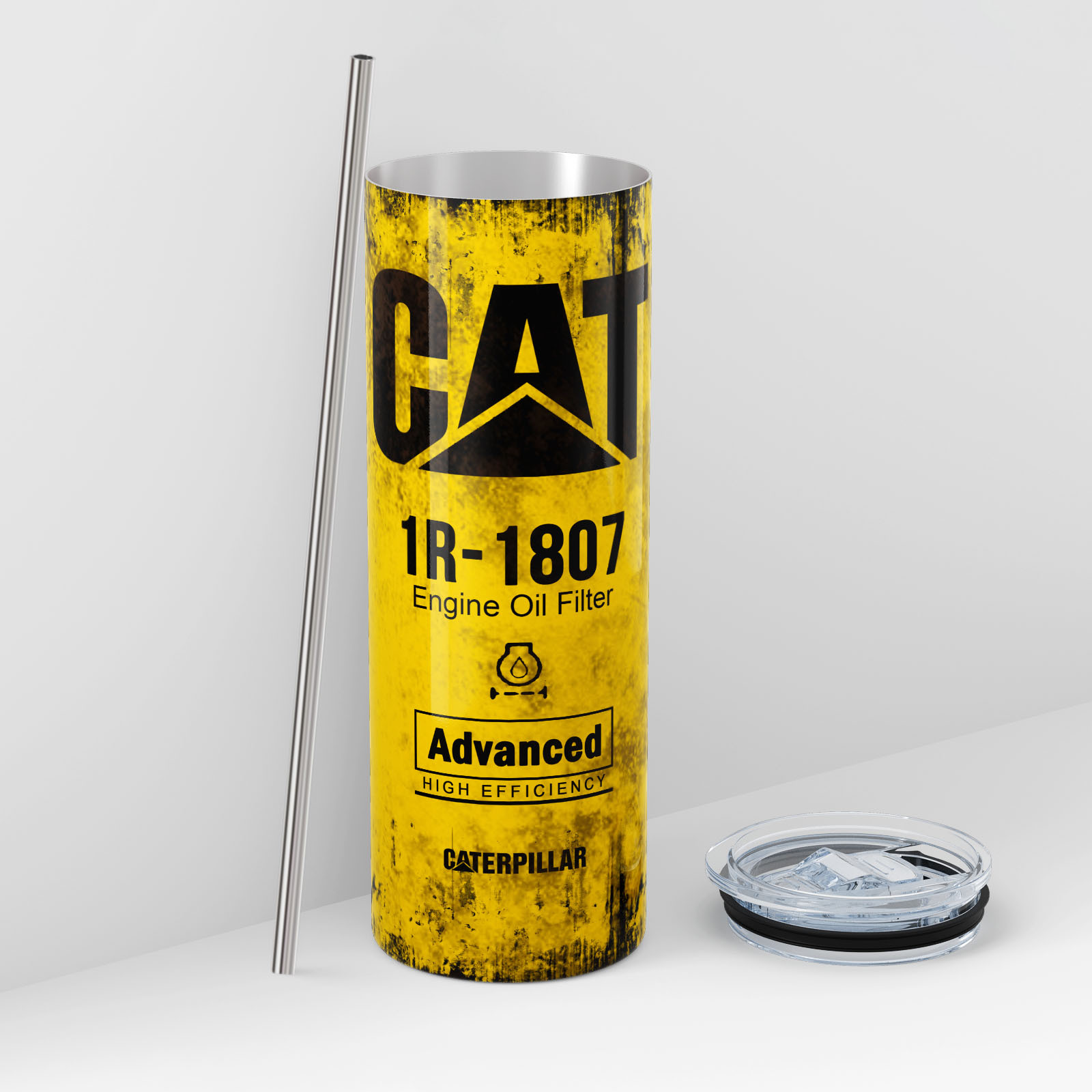 V888-ELOSUNG26487-202504281605-00 Yellow Skinny Tumbler (591ml) - Fun CAT Oil Filter Replica for Construction Fans - Image 1