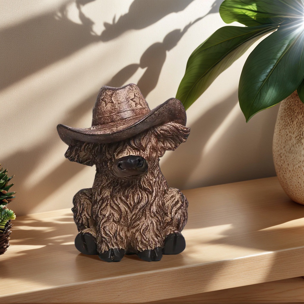 V888-ELOSUNG26736-202505131710-00 Rustic Highland Cow Statue with Cowboy Hat - Resin Farmhouse Decor - Image 1