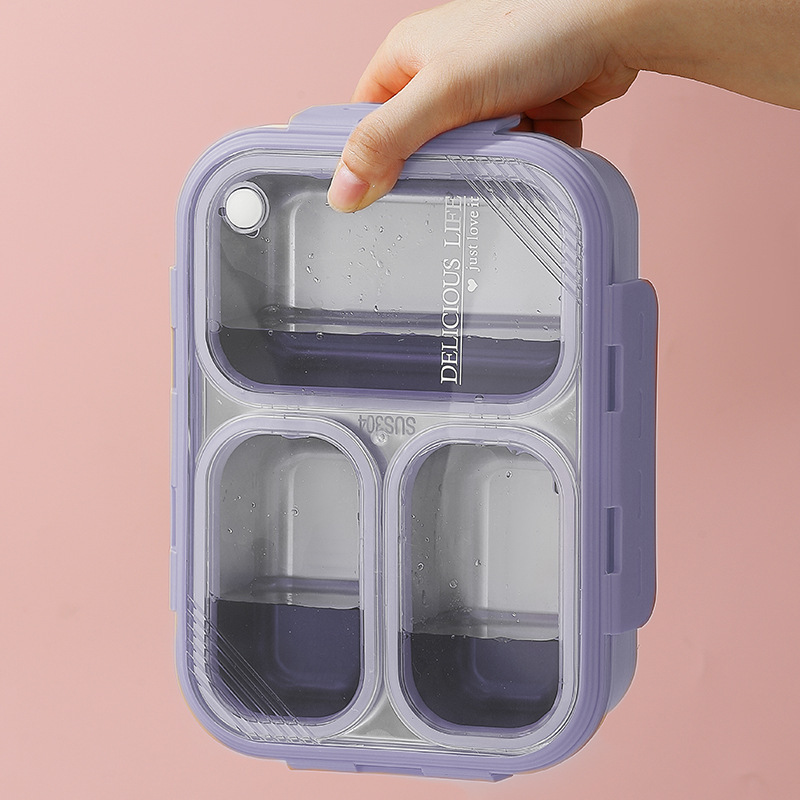V888-ELOSUNG26744-202505131913-00 Purple 3-Compartment Stainless Steel Bento Lunch Box - Leak-Proof, for Kids & Adults for School & Office - Image 1