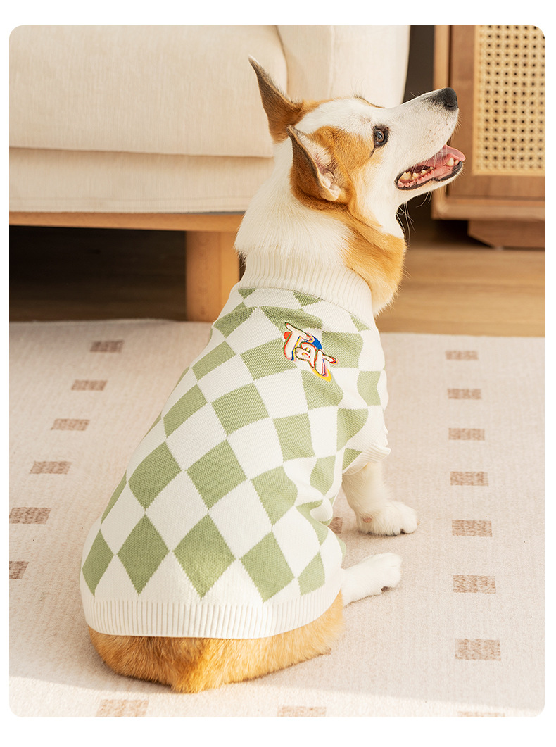 V888-ELOSUNG26963-202505191412-00 Classic Argyle Dog Sweater - Green & White Knit for Corgis & Medium Breeds (Size : XXl) - Image 1