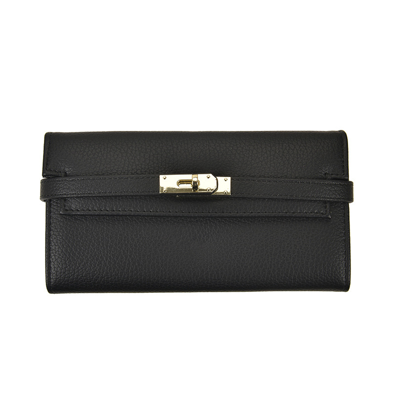 V888-ELOSUNG27151-202504281545-00 Black Elegant Women's Turn Lock Long Wallet - Black PU Leather Clutch Purse with Card Slots & Zipper Pocket - Image 1