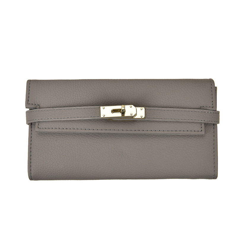 V888-ELOSUNG27154-202504281546-00 Grey Elegant Women's Turn Lock Long Wallet - Black PU Leather Clutch Purse with Card Slots & Zipper Pocket - Image 1