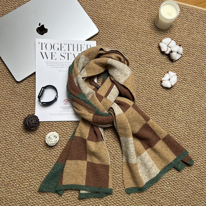 V888-ELOSUNG27163-202504281207-00 Brown,Khaki And Green Unisex Retro Checkered Knit Scarf - Soft Thick Winter Shawl Wrap - Image 1