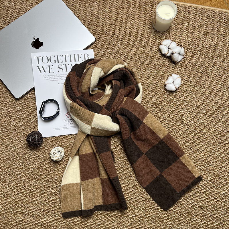 V888-ELOSUNG27165-202504281207-00 Coffee,Brown And Beige Unisex Retro Checkered Knit Scarf - Soft Thick Winter Shawl Wrap - Image 1