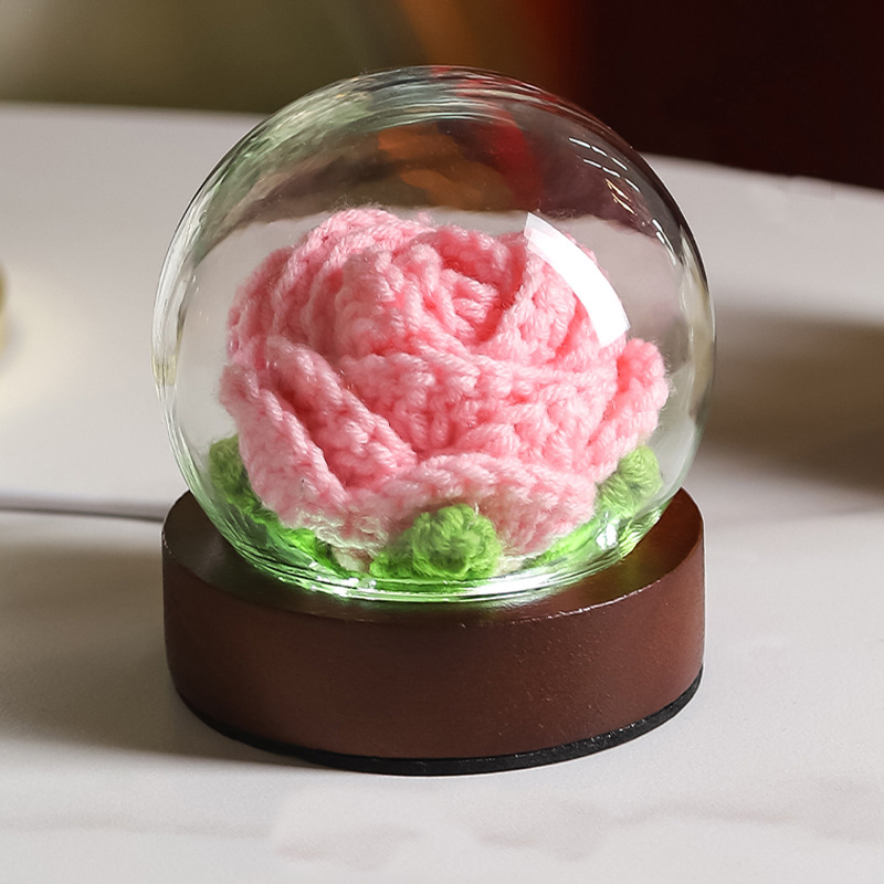 V888-ELOSUNG27187-202504281427-00 Pink Rose Handcrafted Crochet Flower LED Night Light - USB Rechargeable Glass Dome Lamp with Wood Base, 3 Color Modes - Image 1