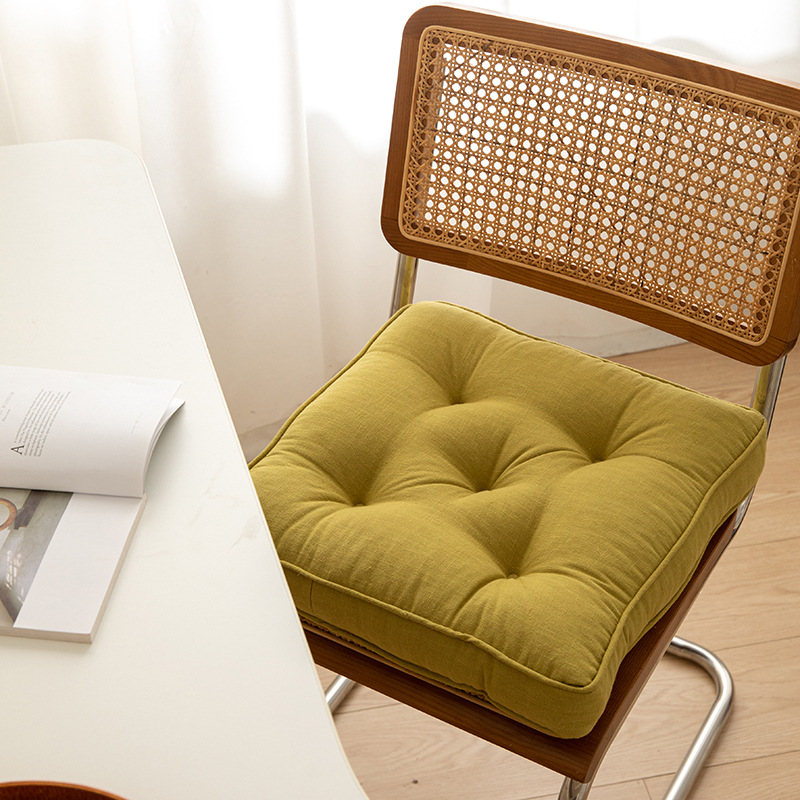 V888-ELOSUNG27227-202504281322-00 Tea Green Soft And Thick Seat Cushion - Cotton Linen Blend Chair Pad with Ties - 43x43cm - Image 1