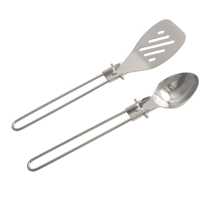 V888-ELOSUNG27511-202505131810-00 Silver Premium 304 Stainless Steel Folding Camping Utensil Set - Spatula & Deep Spoon Combo for Outdoor Cooking - Image 1