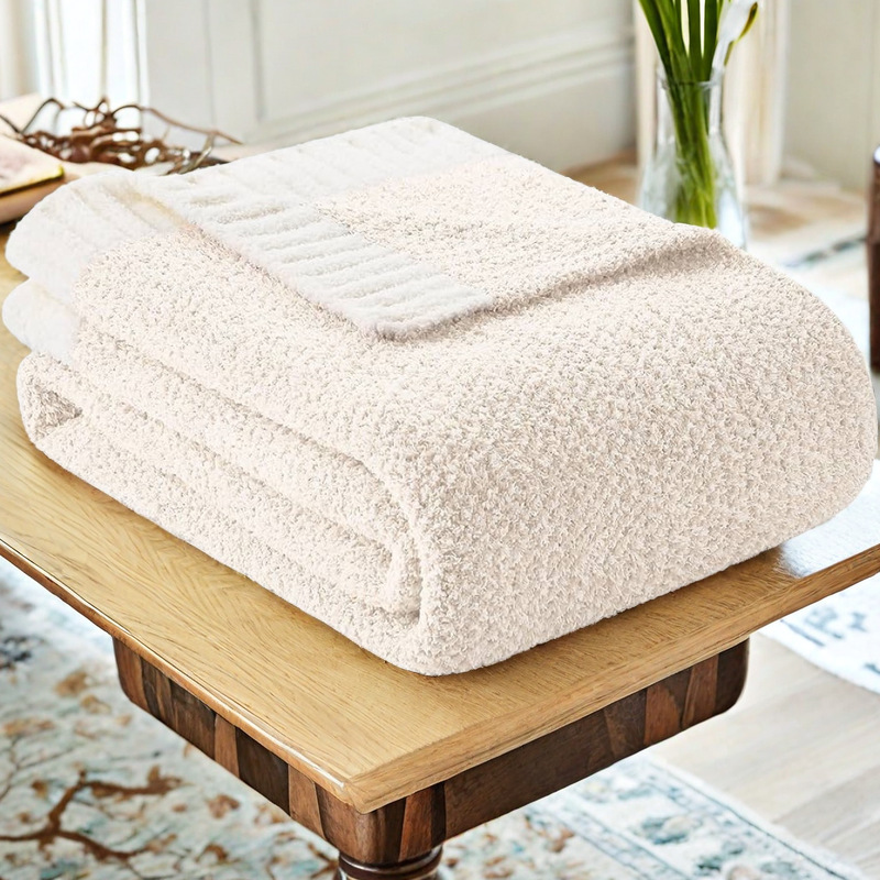 V888-ELOSUNG27858-202505231330-00 Beige and White Plush Chenille-Knit Throw Blanket - Soft Cozy Polyester for Bed & Sofa | Textured Two-Tone Design (127x153cm) - Image 1