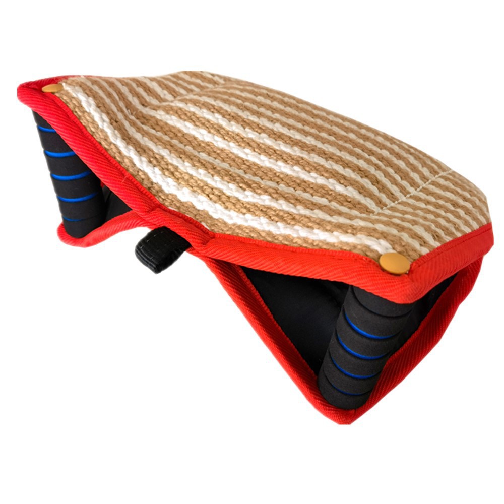 V888-ELOSUNG27865-202505231332-00 Red and Khaki Heavy Duty Jute Dog Bite Pillow - Professional Training Tug Toy with 3 Handles for Schutzhund, K9, Agility & Bite Work - Image 1