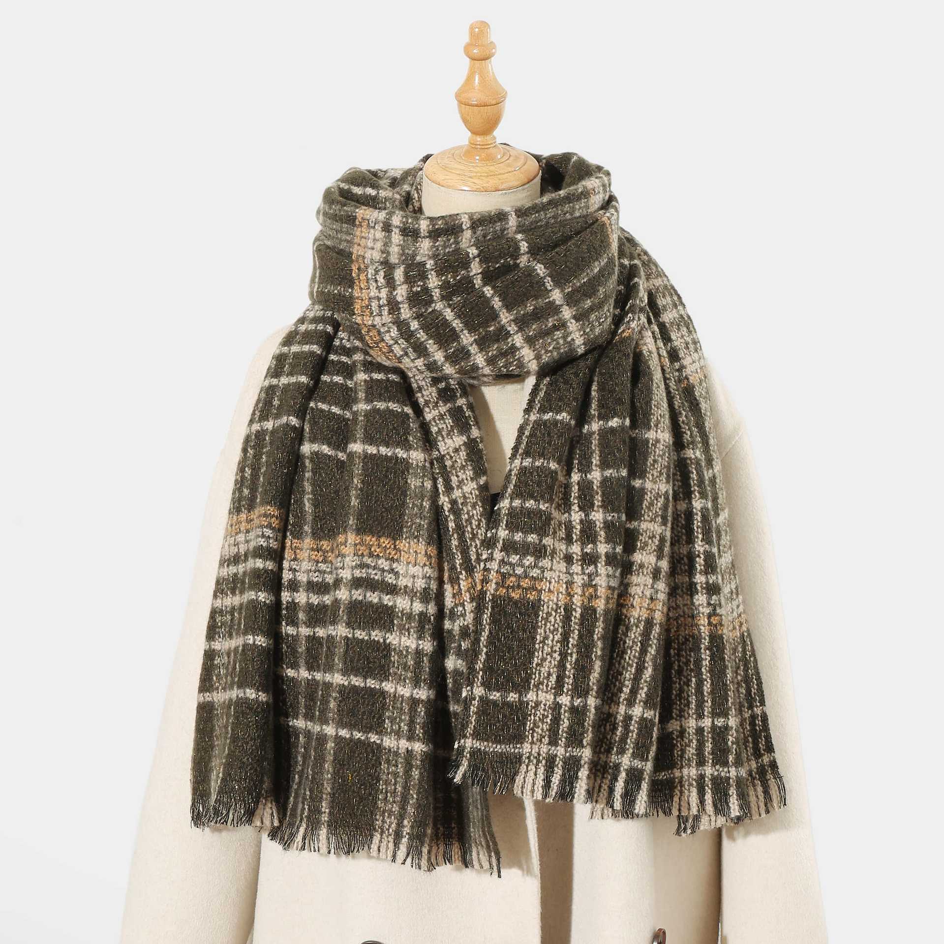V888-ELOSUNG27891-202505231213-00 Dark Grey Chic Plaid Winter Scarf - Large Soft Polyester Shawl Wrap with Tassels, Korean Inspired Fashion - Image 1