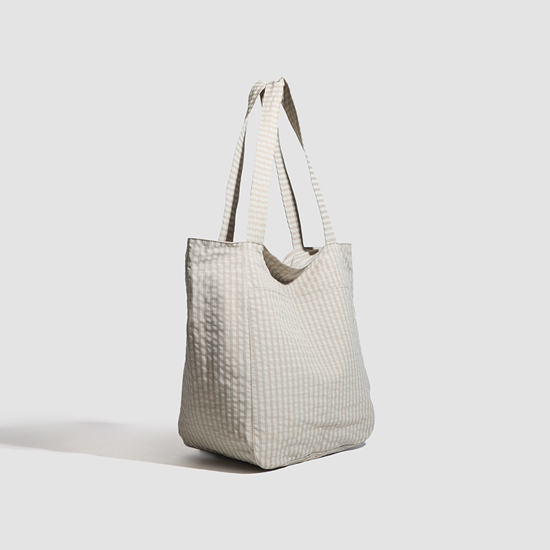 V888-ELOSUNG27912-202505231215-00 Beige Stylish Lightweight Seersucker Gingham Tote Bag - Spacious Multi-Pocket Shoulder Bag with Zipper - Image 1