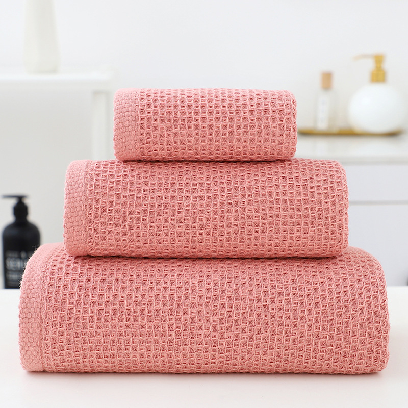 V888-ELOSUNG27942-202505231312-00 Pink Premium 3-Piece Waffle Weave Cotton Towel Set - Lightweight, Quick-Dry & Absorbent - Bath, Hand, Face Cloth - Image 1