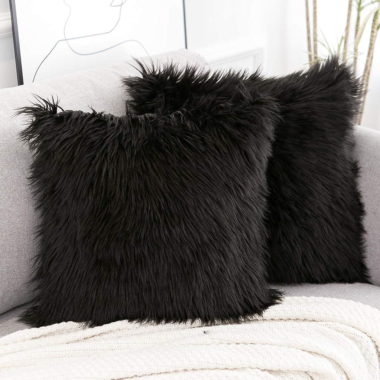 V888-ELOSUNG27968-202505231127-00 Black Luxurious Long Faux Fur Cushion Covers - Set of 2, 45x45cm Soft Plush Decorative Pillowcases for Sofa & Bed - Image 1