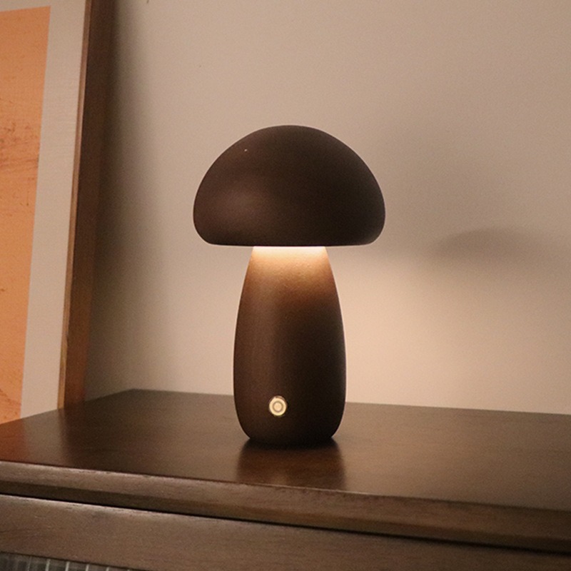 V888-ELOSUNG28192-202504291536-00 Dun-dun Model Dark Brown Solid Wood Mushroom LED Table Lamp - Rechargeable Touch Control Bedside Night Light (Large) - Image 1