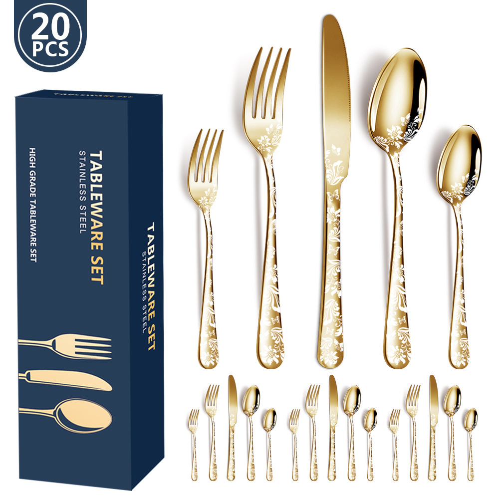V888-ELOSUNG28243-202505061345-00 Gold Elegant 20-Piece Stainless Steel Cutlery Set with Floral Design - Dinner & Steak Knives, Forks, Spoons - Image 1