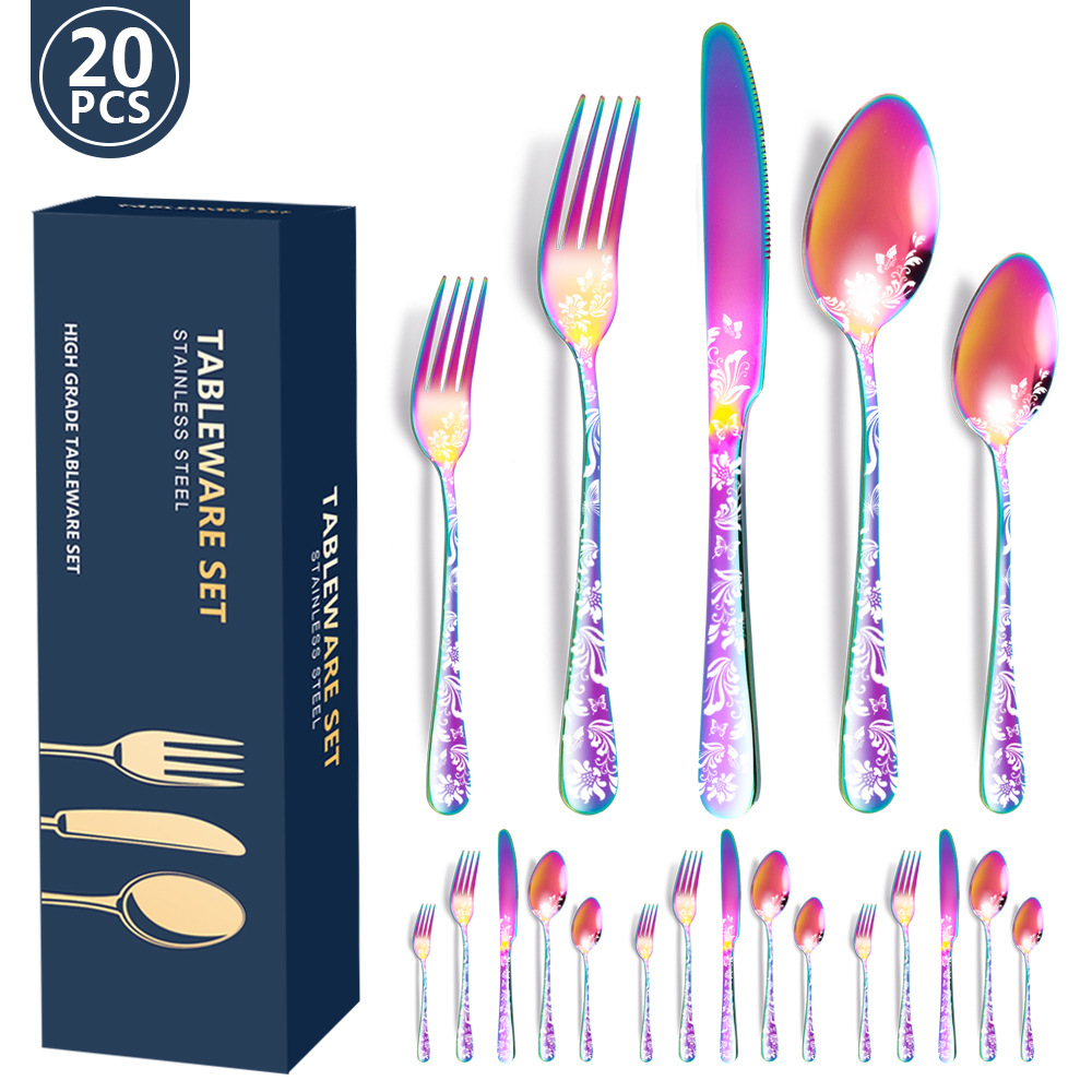 V888-ELOSUNG28245-202505061345-00 Multicolor Elegant 20-Piece Stainless Steel Cutlery Set with Floral Design - Dinner & Steak Knives, Forks, Spoons - Image 1