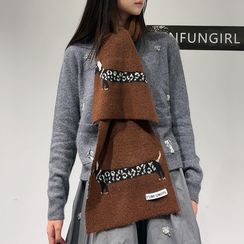 V888-ELOSUNG28390-202505131710-00 Brown Cute Korean-Style Wool Scarf with Dog Design - Unisex Knitted Winter Neck Wrap - Image 1