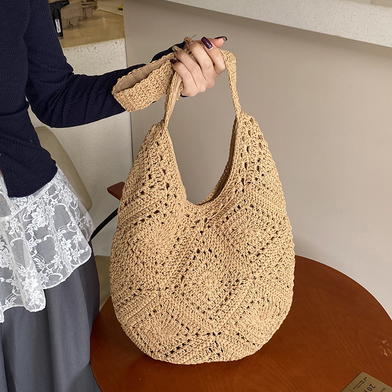 V888-ELOSUNG28481-202505131706-00 Khaki Flower-Patterned Cotton Crochet Tote Bag - Beach and Commute Essential - Image 1