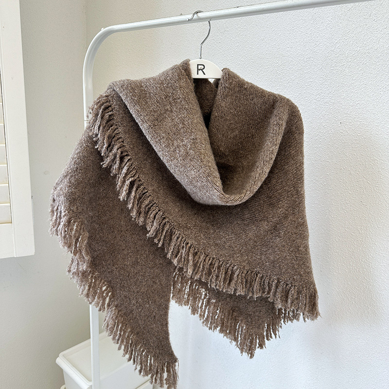 V888-ELOSUNG28662-202505191212-00 Coffee Versatile Fringed Faux Wool Triangle Shawl - Warm Knitted Scarf - Image 1