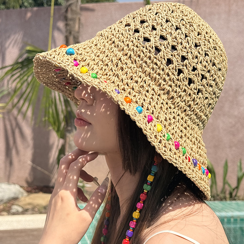 V888-ELOSUNG28664-202505191213-00 Khaki Colorful Wooden Bead Straw Hat for Women - Large Brim Sun Protection - Image 1
