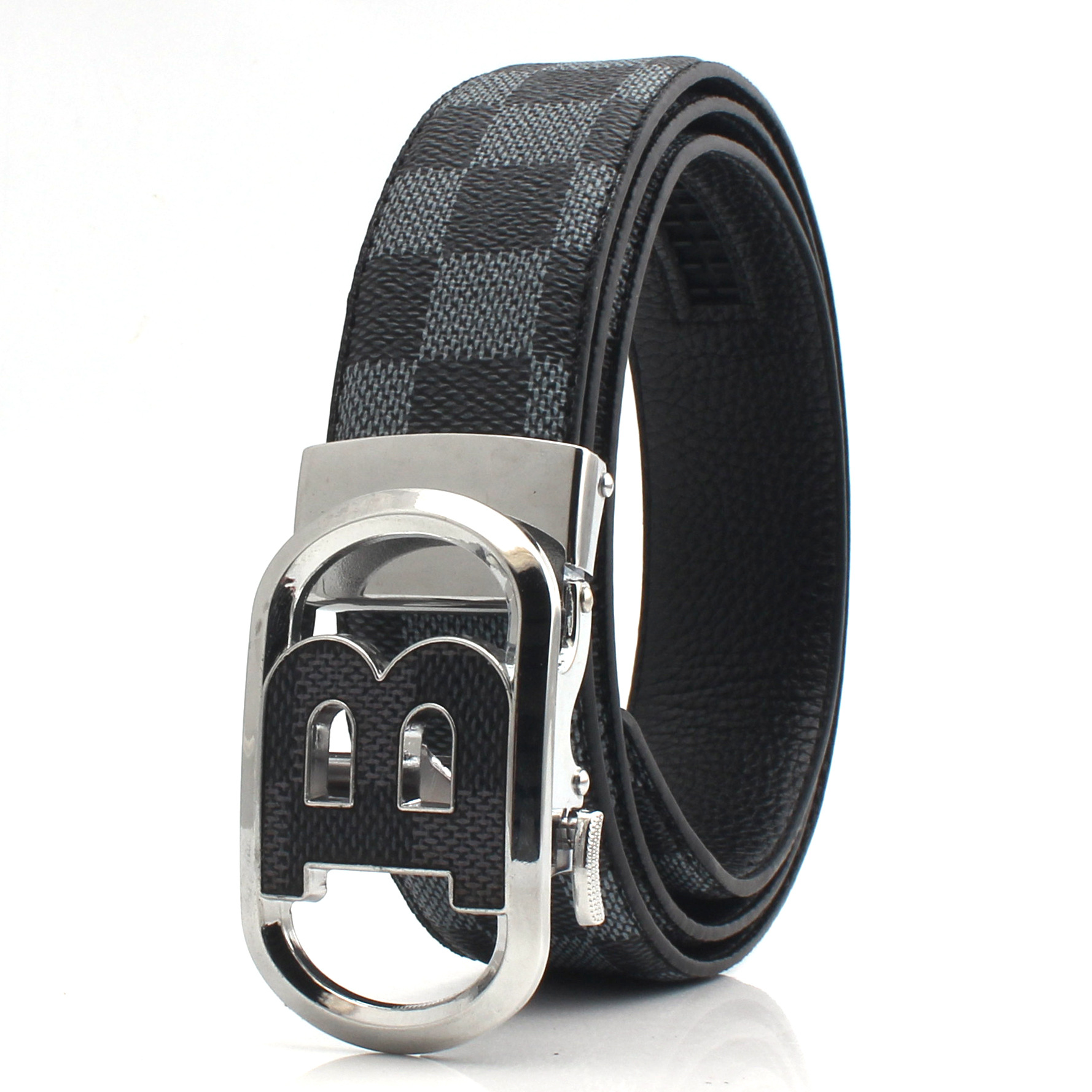 V888-ELOSUNG29085-202505231148-00 Luxury Designer Style PU Leather Belt,Automatic Buckle(B-patterned black-gray belt + silver buckle - Image 1