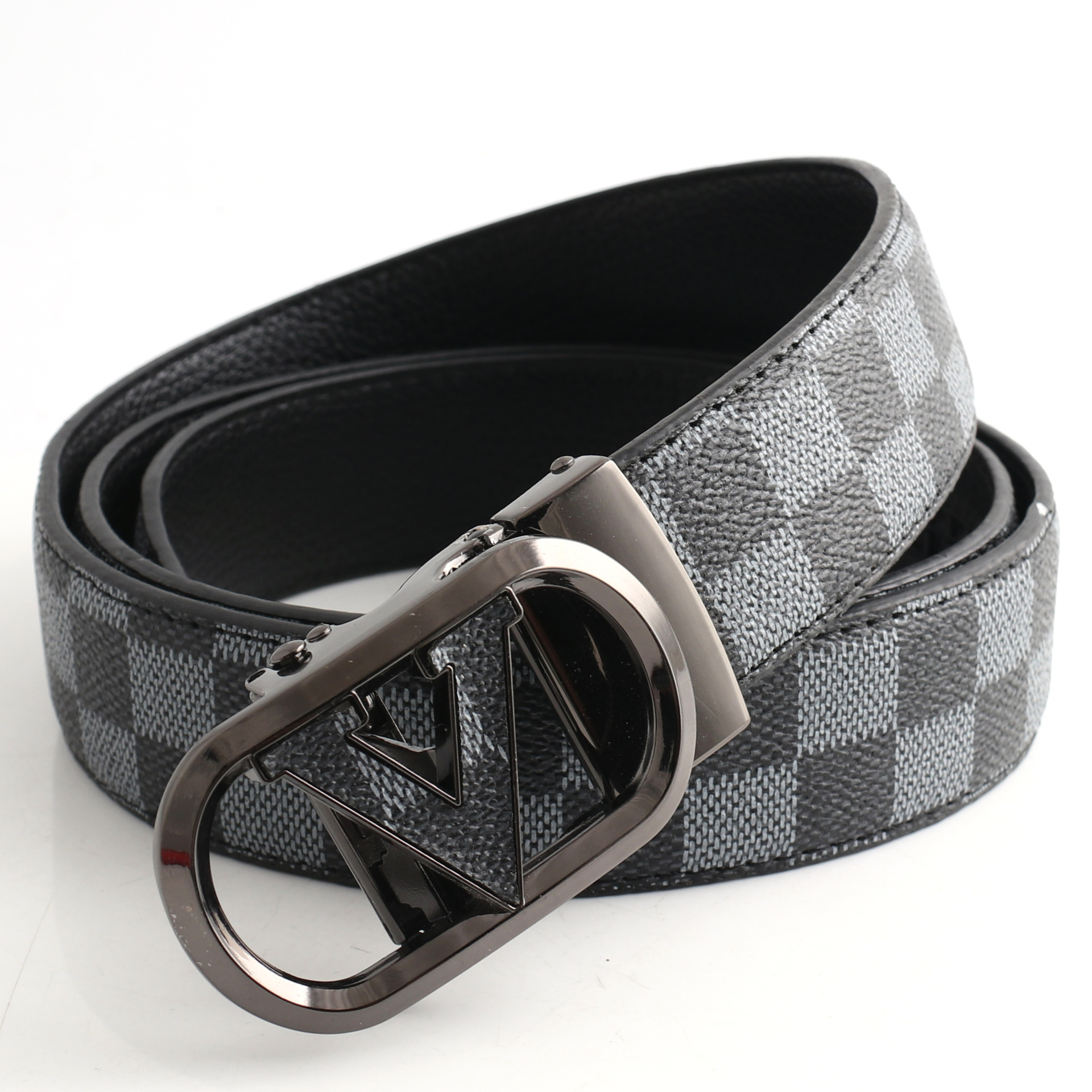 V888-ELOSUNG29086-202505231151-00 Luxury Designer Style PU Leather Belt,Automatic Buckle(V-patterned black-gray belt + gray buckle) - Image 1