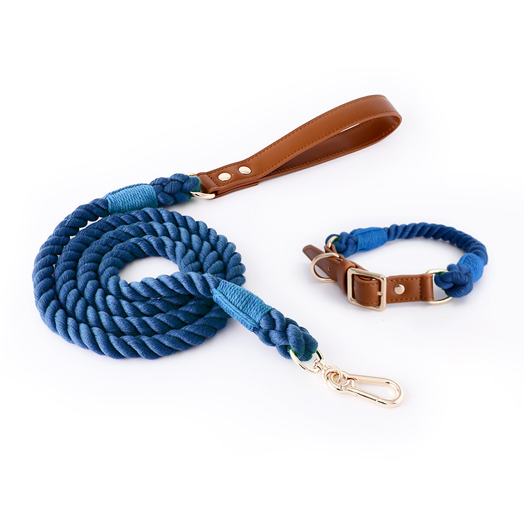 V888-ELOSUNG31301-202505301212-00 Premium Leather Pet Collar and Leash - Soft, Strong Braided Rope (Navy blue - Size L) - Image 1
