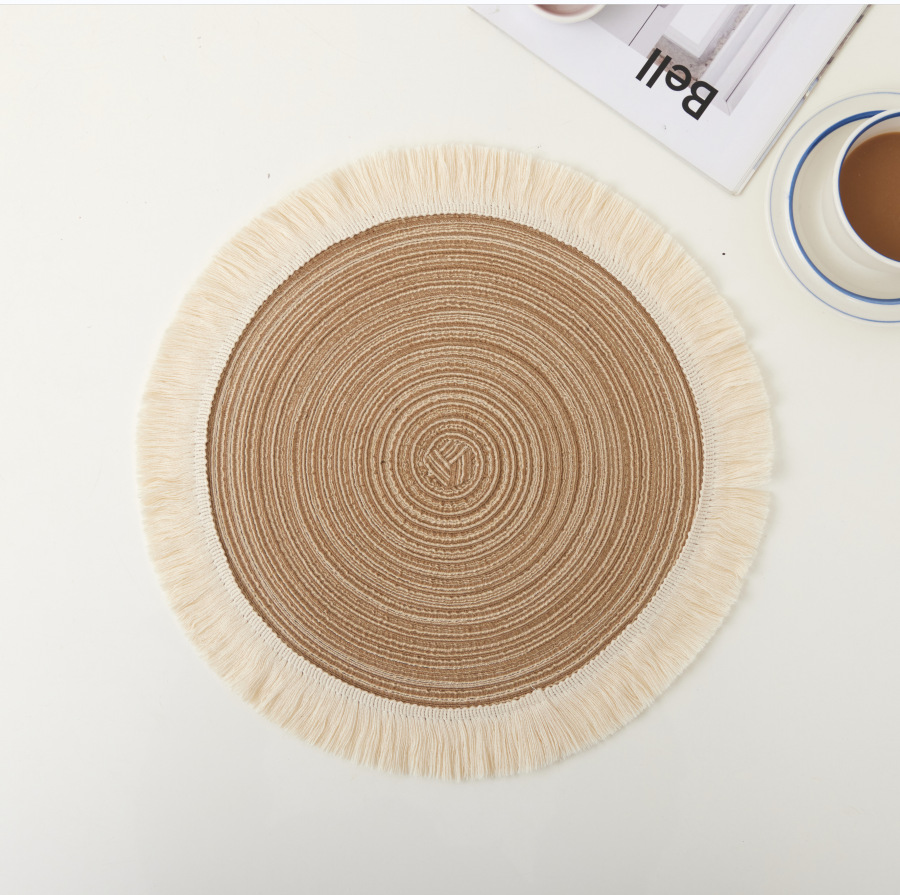 V888-ELOSUNG32081-202505281116-00 Brown Chic Round Woven Placemats with Tassel Fringe - Set of 4, Cotton Ramie Blend, Heat Resistant Table Mats - Image 1