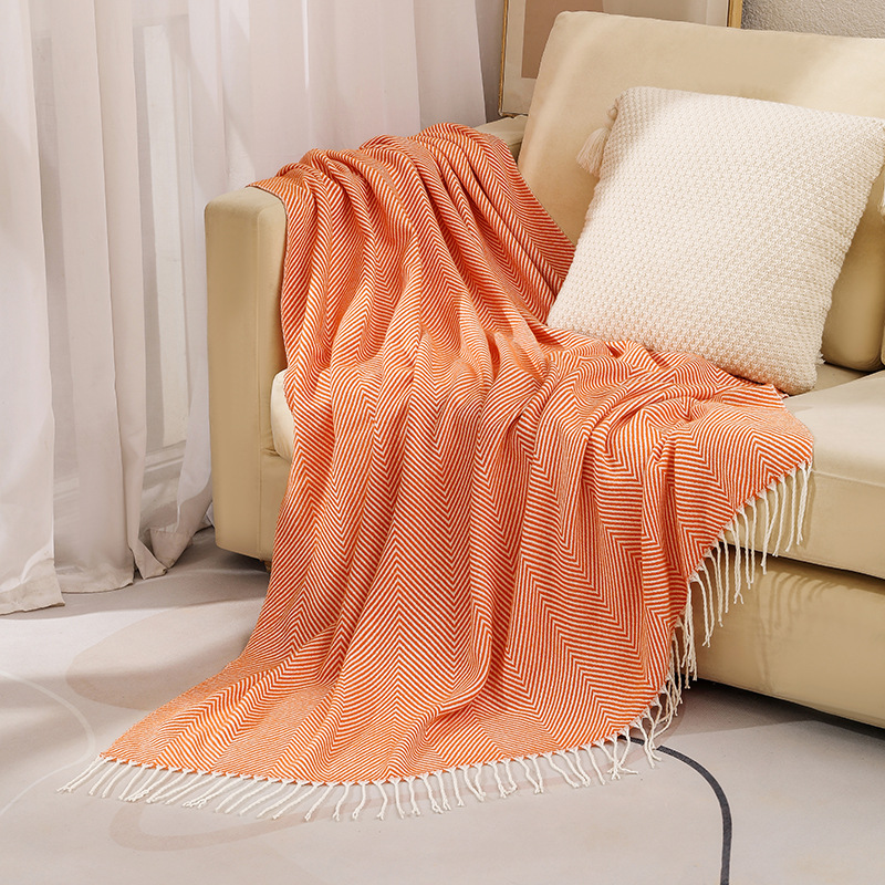 V888-ELOSUNG32126-202505281111-00 Orange Elegant Herringbone Tassel Throw Blanket - Large Acrylic Faux Cashmere Soft Cozy Blanket for Sofa, Bed & Decor (130x240cm) - Image 1