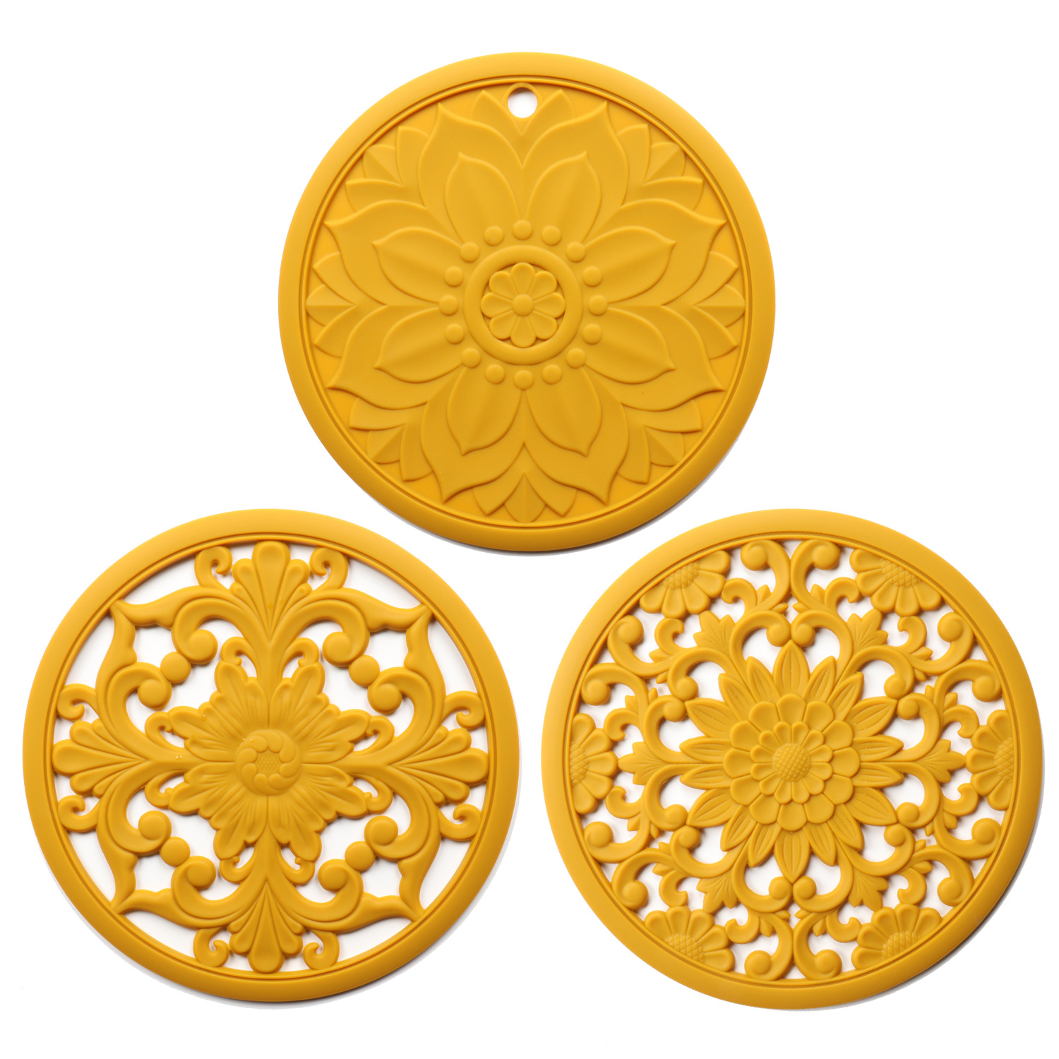 V888-ELOSUNG32339-202506111515-00 Elegant Floral Silicone Trivet Mat Set (3-Pack, Yellow) - Heat Resistant, Non-Slip Kitchen Hot Pads & Pot Holders - Image 1