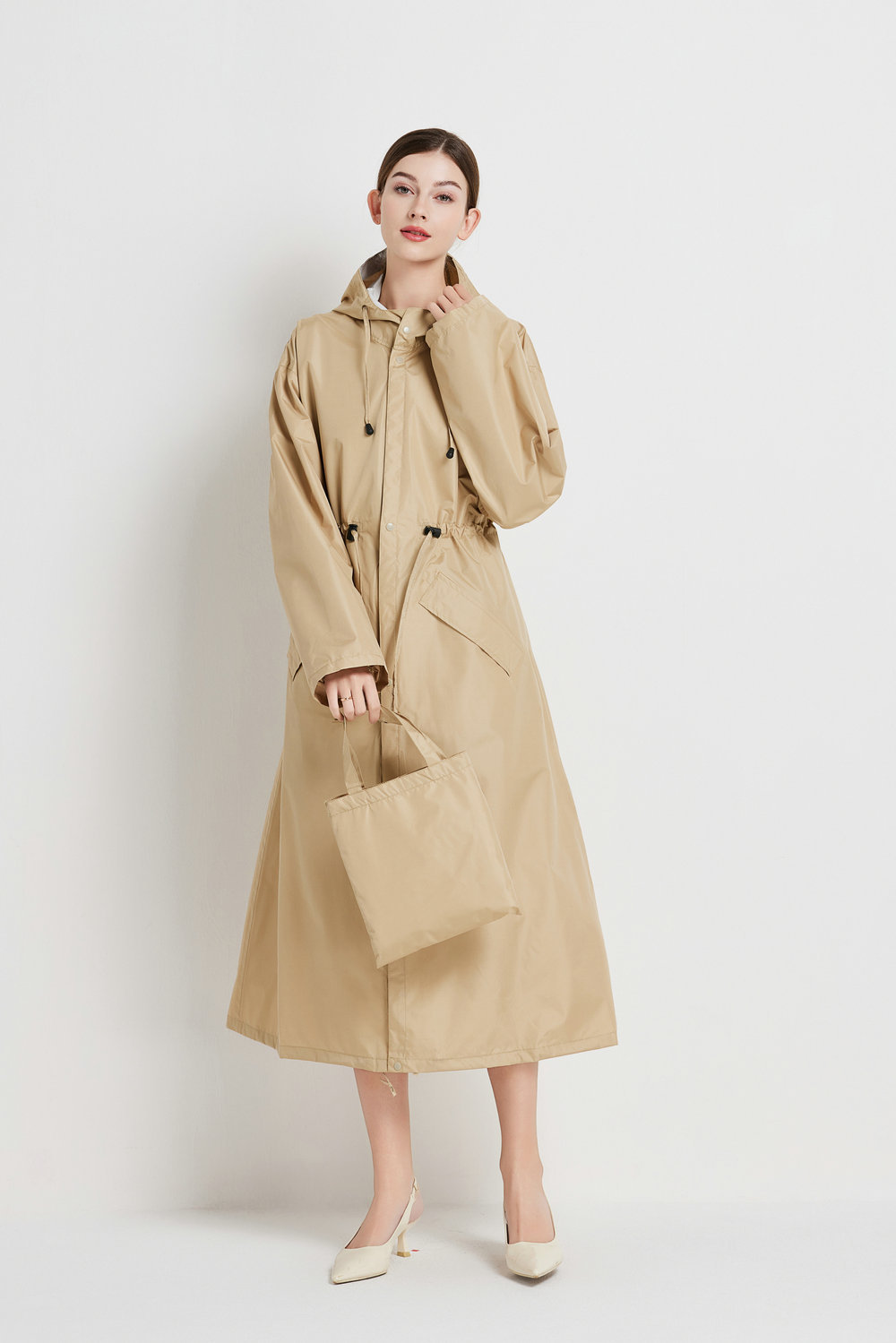 V888-ELOSUNG32622-202506241037-00 Size L Khaki Women's Chic Lightweight Waterproof Raincoat - Long Hooded Packable Rain Jacket with Pouch - Image 1