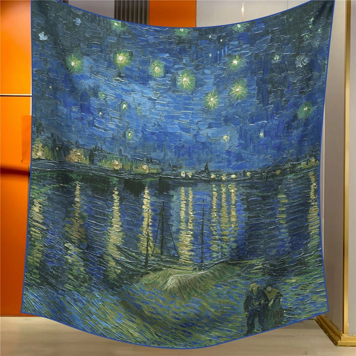V888-ELOSUNG33438-202506241014-00 Starry Night Elegant Artistry Shawl - Large 130cm Square Scarf with Oil Painting Print & Hand-Rolled Hem - Image 1