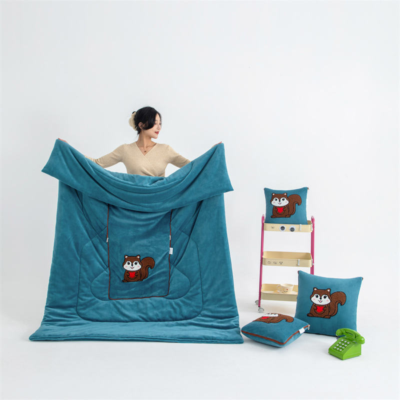 V888-ELOSUNG33523-202506301130-00 Blue Little Squirrel - 2-in-1 Foldable Car Pillow Blanket - Cozy 40x40cm Pillow, Unfolds to 100x150cm Blanket for Travel and Office Naps - Image 1