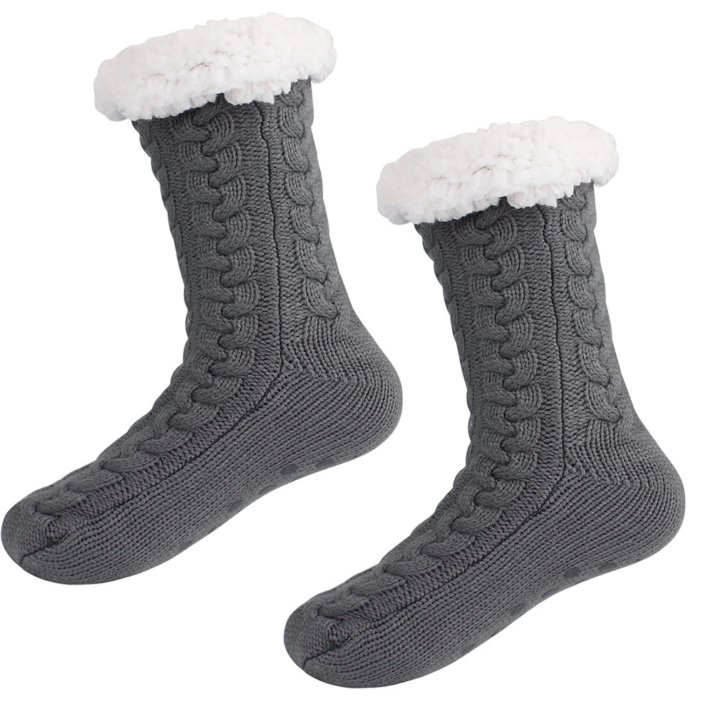 V888-ELOSUNG34168-202506191026-00 Grey Women's Fuzzy Slipper Socks - Warm Fleece Lined Thermal Cable Knit Socks with Non-Slip Grips - Image 1