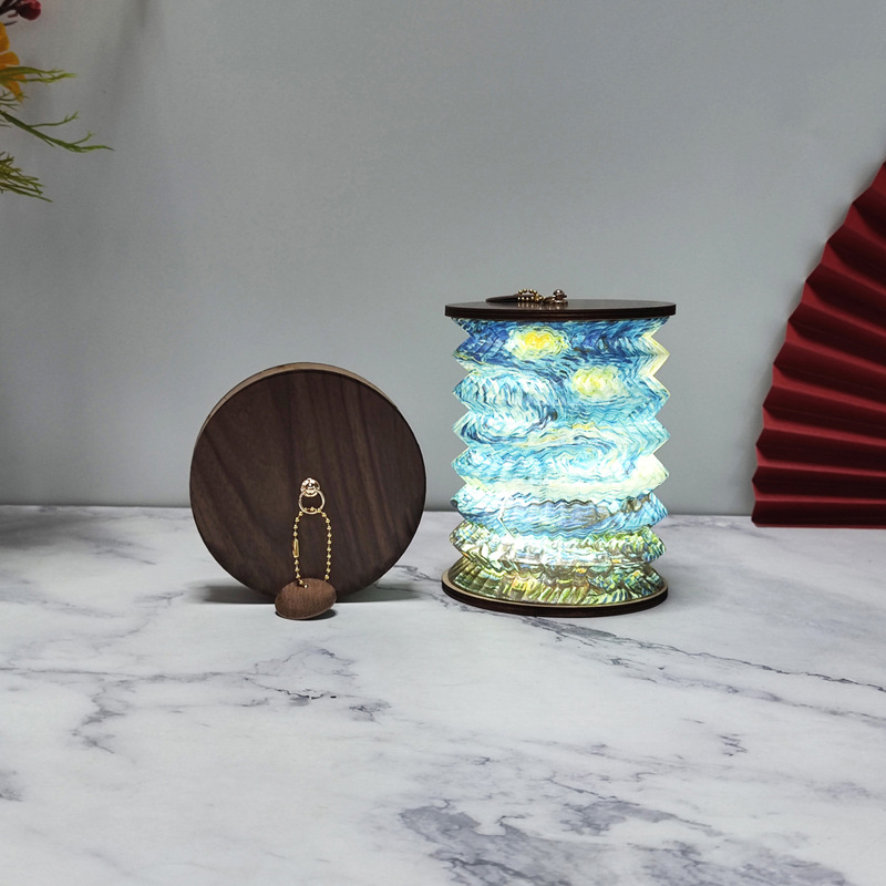 V888-ELOSUNG35147-202506241027-00 Foldable Telescopic Lantern Lamp - 3 Light Modes, USB Rechargeable, Wood/Paper Finish(Starry Night by Van Gogh) - Image 1