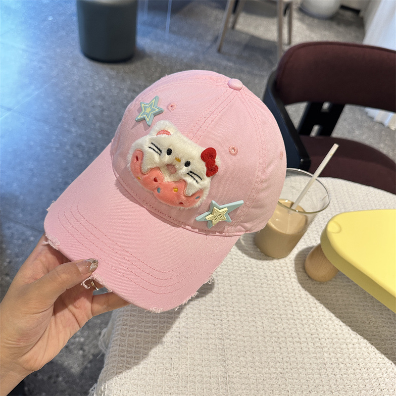 V888-ELOSUNG35378-202506301010-00 Adorable Cartoon Cat & Stars Baseball Cap - 100% Cotton, Adjustable Fit, Sun Protection(pink) - Image 1