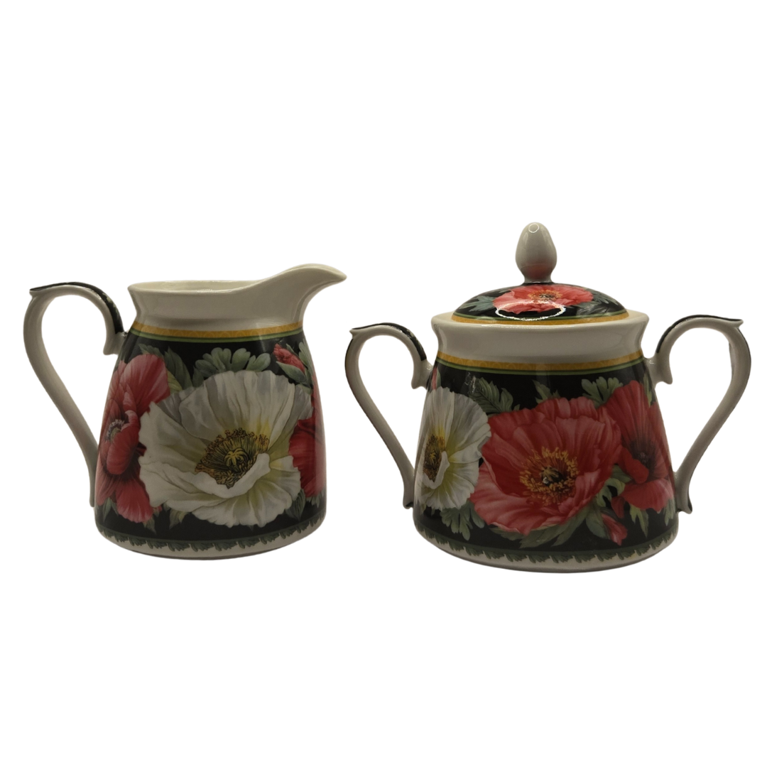 V1026-KLCCW1270SC-202507090925-00 Poppies-on-Black Fine Bone China Milk & Sugar Bowls (Set of 2) - Image 1