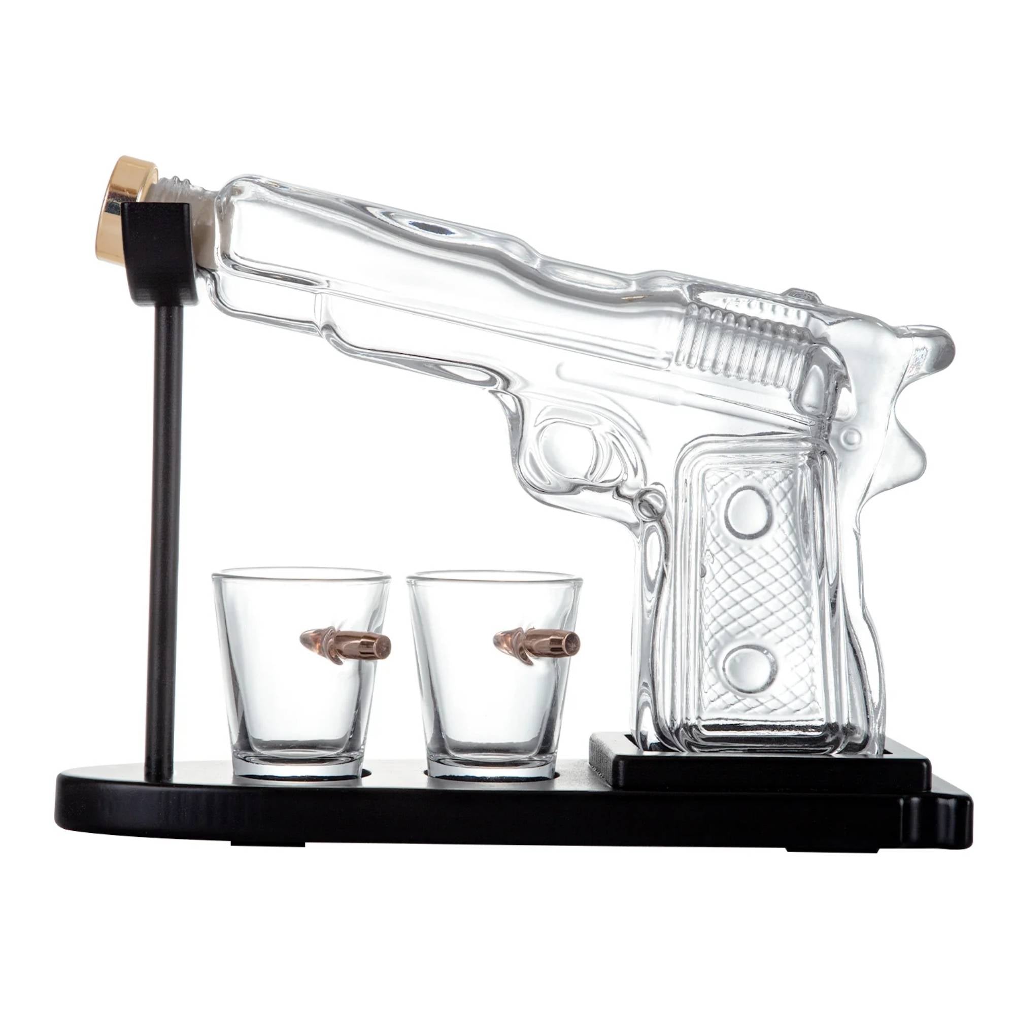V238-SUPDZ-40998012223568-202508221245-00 225mL Whisky or Wine Decanter Glass Pistol Set - 2 Shot Glasses + Wooden Stand - Image 1