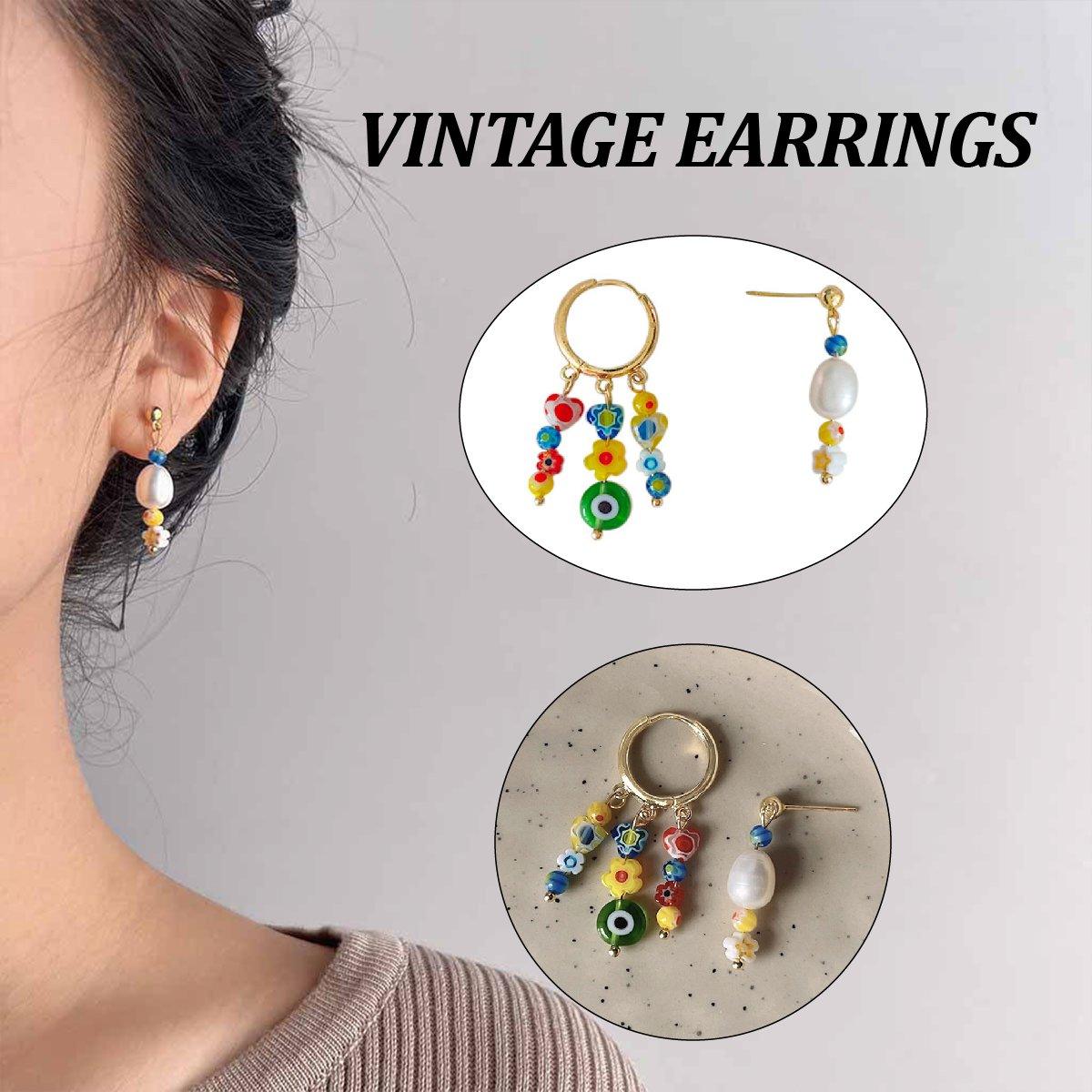V528-EARRINGS-C-727-852192-202509291645-00 Vintage Asymmetrical Earrings Handmade Floral Glass and Pearl Drop Design for Women - Image 1