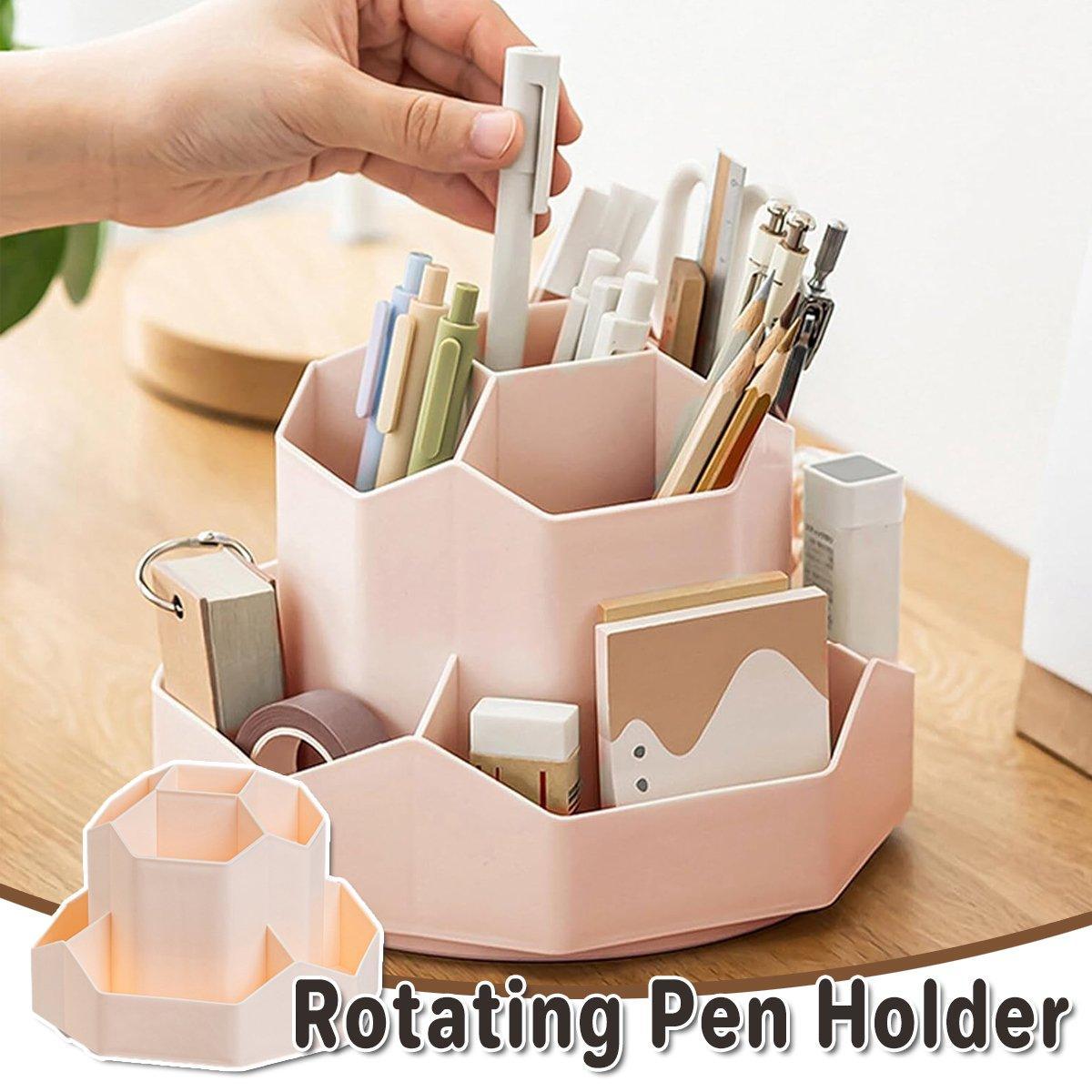 V528-ROTATING-PEN-HOLDER-PINK-641258-202509251321-00 360 Degree Rotating Large Capacity Pen Holder Plastic Desktop Office Student Organizer - Image 1