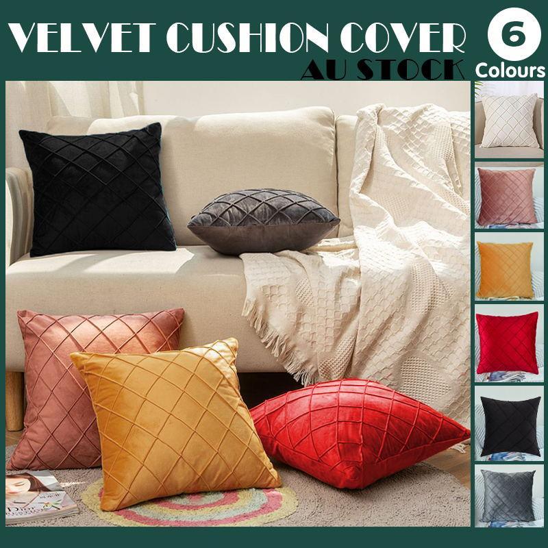 V528-VELVETCUSHIONCOVER-BLACK-260653-202510010718-00 Velvet Cushion Cover Pleated Checked Plaid Plush Decorative Lounge Cushion Cover - Black - Image 1