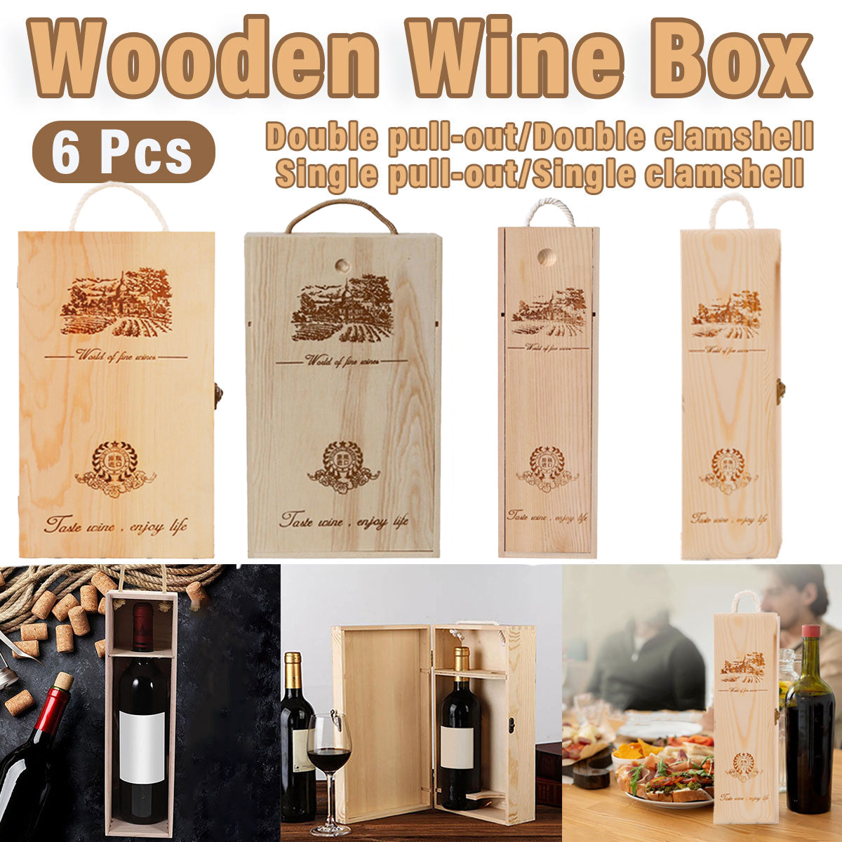 V528-WINEBOX-6PCS-SINGLE-523659-202509301954-00 6pcs Red Wine Wooden Gift Box Packaging Storage Box for Wine Bottle Gifts - Single pull-out - Image 1