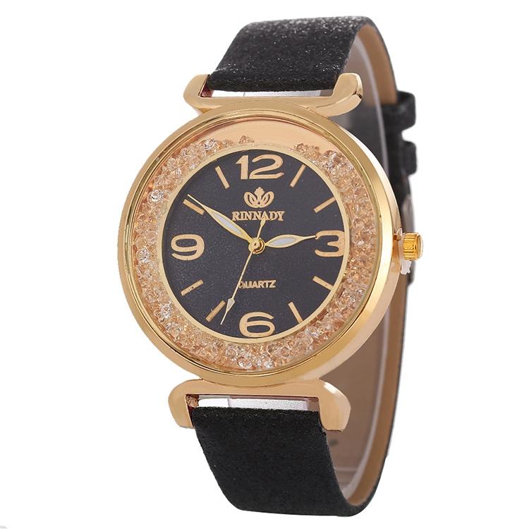 V562-A104668250DBT-202508280935-00 Gold Rhinestone Quartz Watch with Pu Leather Strap for Women - Black - Image 1