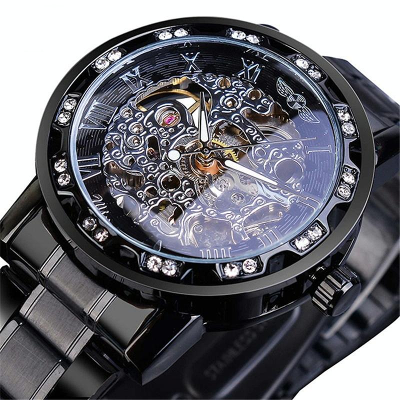 V562-B1022033060DBT-202508281952-00 Men Skeleton Diamond Mechanical Watch - Luminous Pointer - Blue Belt Silver Shell Blue Face - Image 1