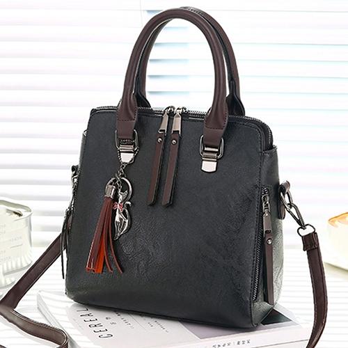 V562-B106110250DBT-202508281130-00 Designer Leather Crossbody Tote with Tassel for Women - Black - Image 1